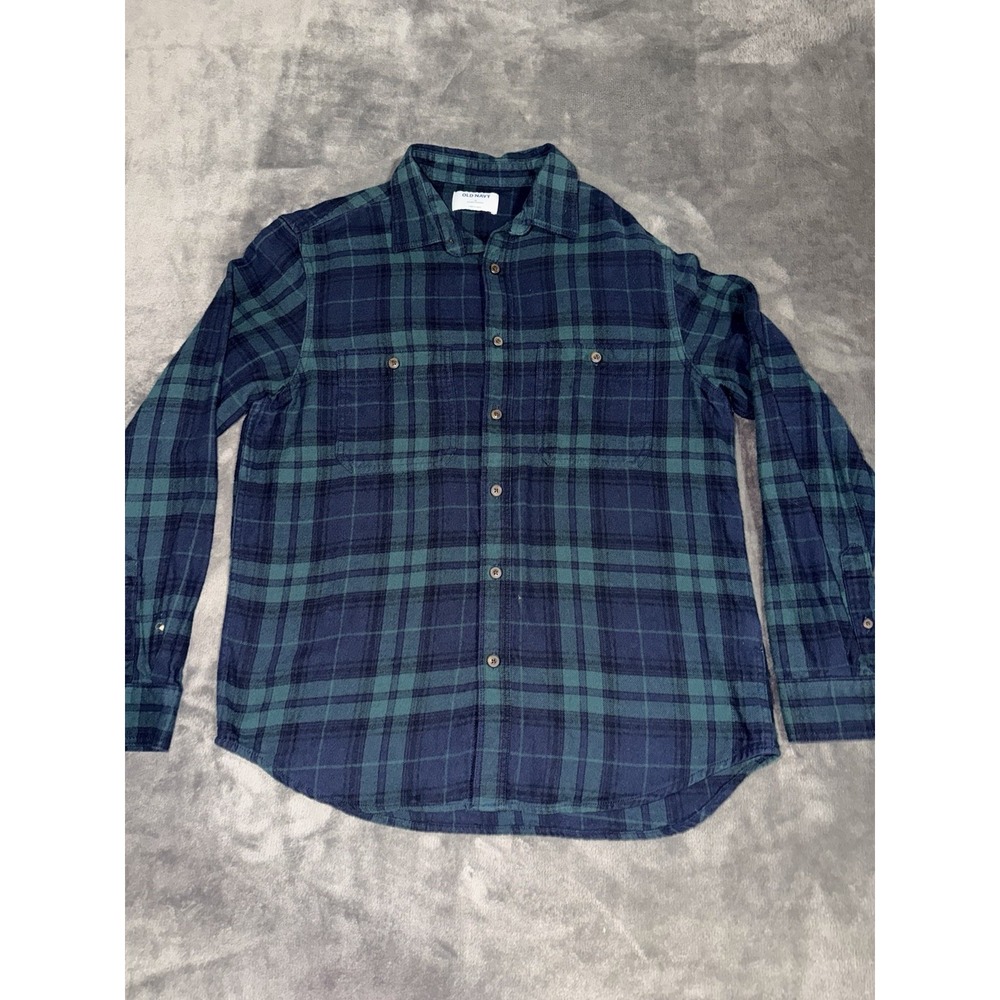 Old Navy The Classic Shirt Long Sleeve Button Down Flannel Men Med Green Blue